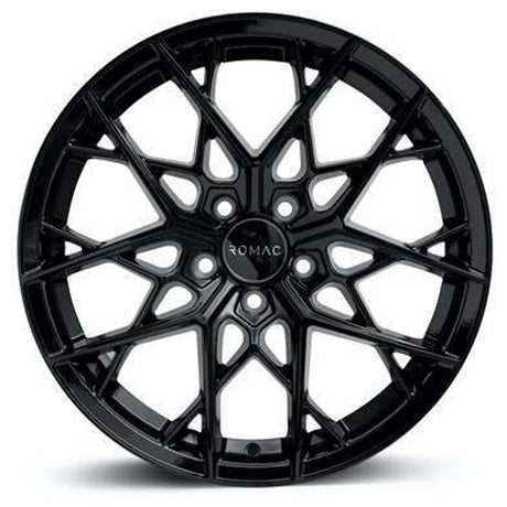 Romac Vortex Wheels with black polished finish, featuring a spoke design and suitable for automotive customization, available in multiple sizes and offsets.