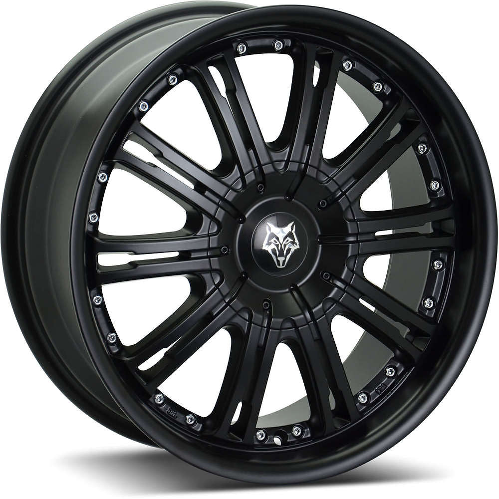 Wolfrace Vermont 22 Matte Black Alloy Wheel featuring a wolf logo, designed for customization and style in pick-up truck accessories.