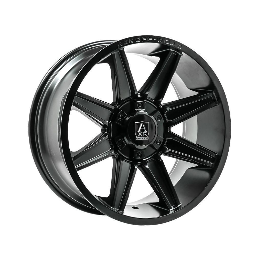 AXE Wheels AT3, a gloss black alloy wheel with black spokes and logo, size 20x9.5, ideal for customizing pickup trucks.