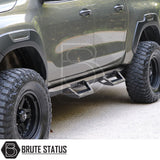 Mitsubishi L200 2007-2021 Heavy Duty T32 Steel Side Steps, shown close-up on a truck, highlighting durable, matt black finish and robust construction.