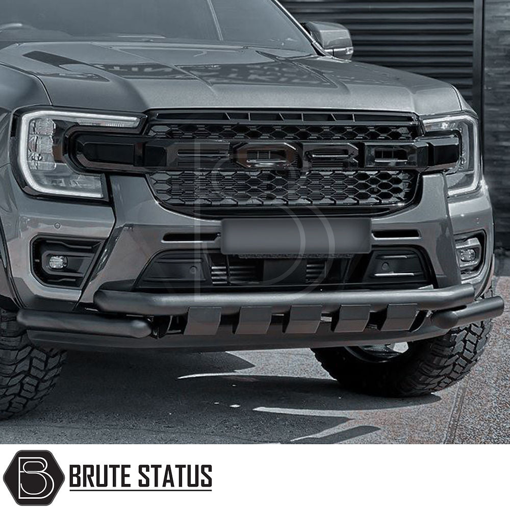 Ford Ranger 2023+ T9 City Bar (Matt Black) displayed on a truck front, showcasing its protective design and sleek integration with the bumper.