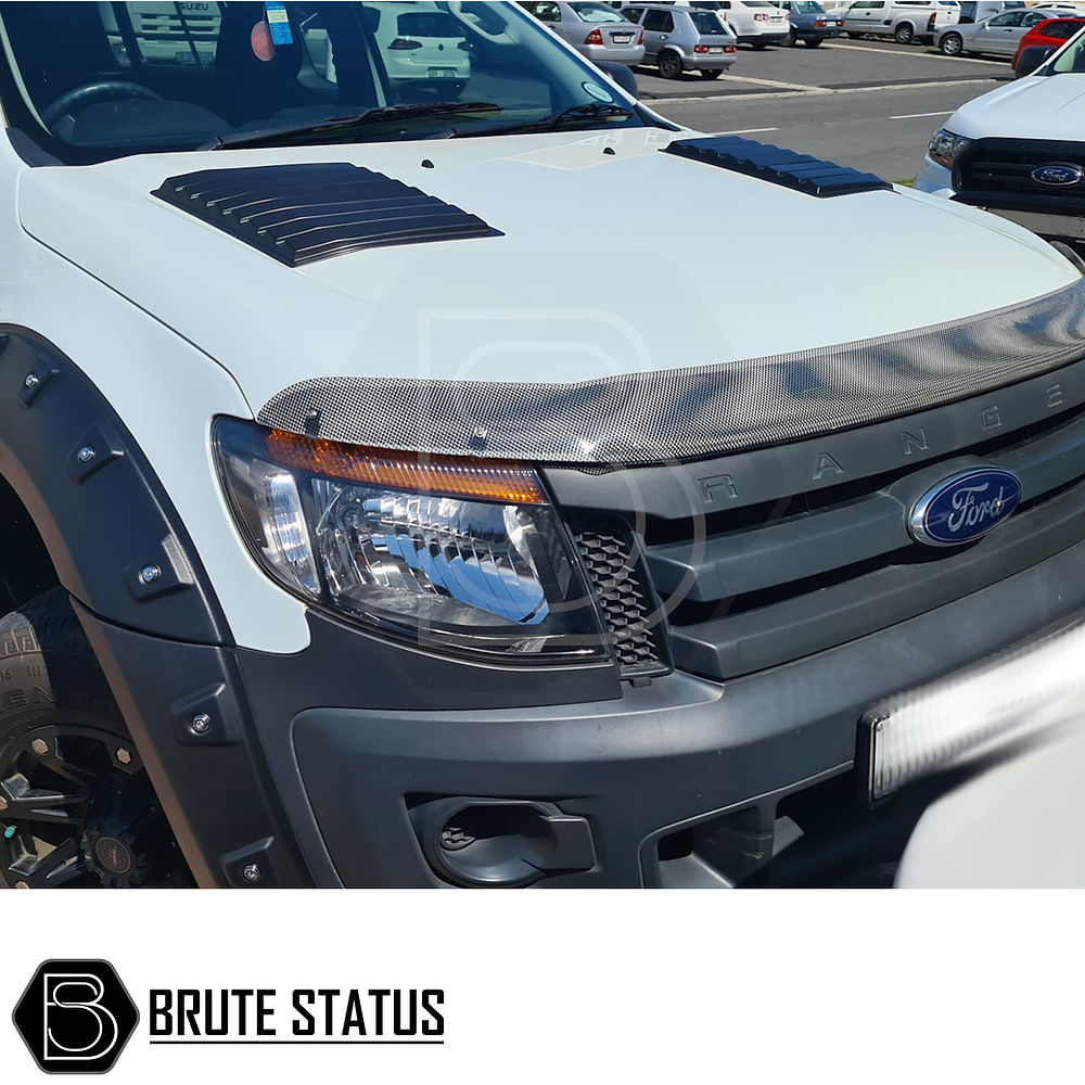 Ford Ranger 2012-2022 T6 T7 T8 Bonnet Vents, close-up showing smooth black finish and easy-to-install design with adhesive tape for aggressive truck styling.