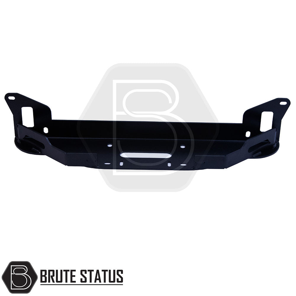 Nissan Navara NP300 2015-2022 Front Bumper Winch Bracket with black metal frame, powder coated, featuring holes; compatible with standard bumpers, TÜV certified.