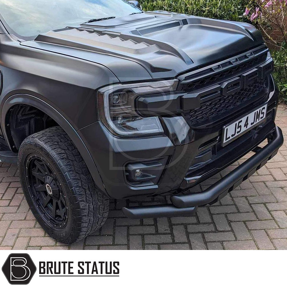 Ford Ranger 2023+ 'The Beast II' Bonnet Scoop installed on a black truck, showcasing its sleek design and robust fitment.