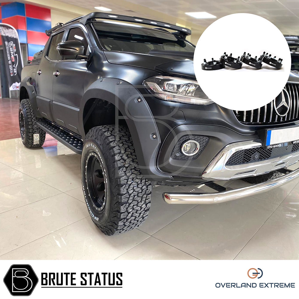 Mercedes X-Class 2017-2020 Wide Arch Kit and 35mm Wheel Spacers displayed in showroom, showcasing premium wheel arches and spacers for enhanced truck customization.