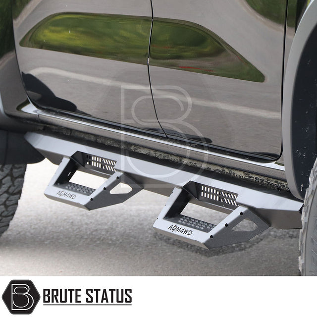 Isuzu D-Max 2012-2021 Heavy Duty T32 Steel Side Steps, black finish, mounted on truck, showcasing robust, sleek design for enhanced protection and style.