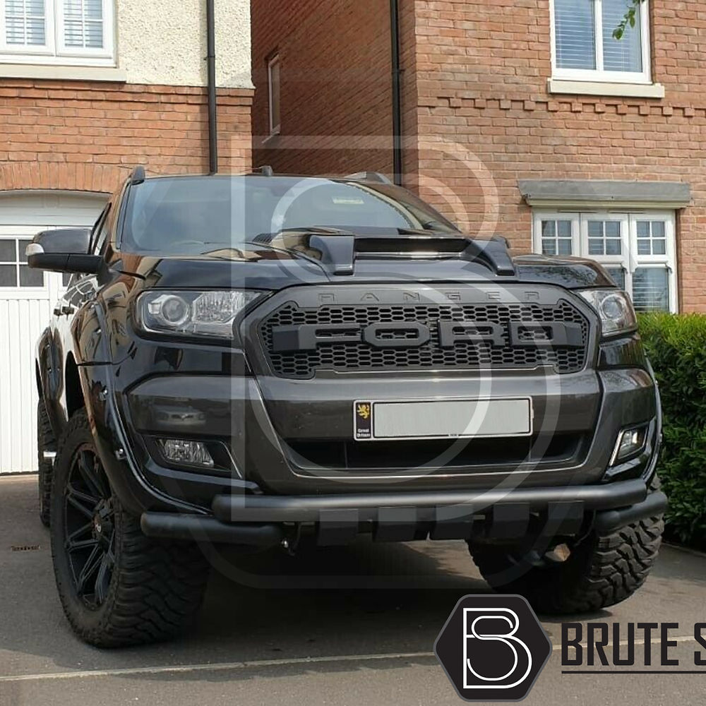 Ford Ranger 2015-2022 Facelift Raptor Style Bonnet Scoop Vent on a black truck, enhances individuality with a matte black finish and easy installation.