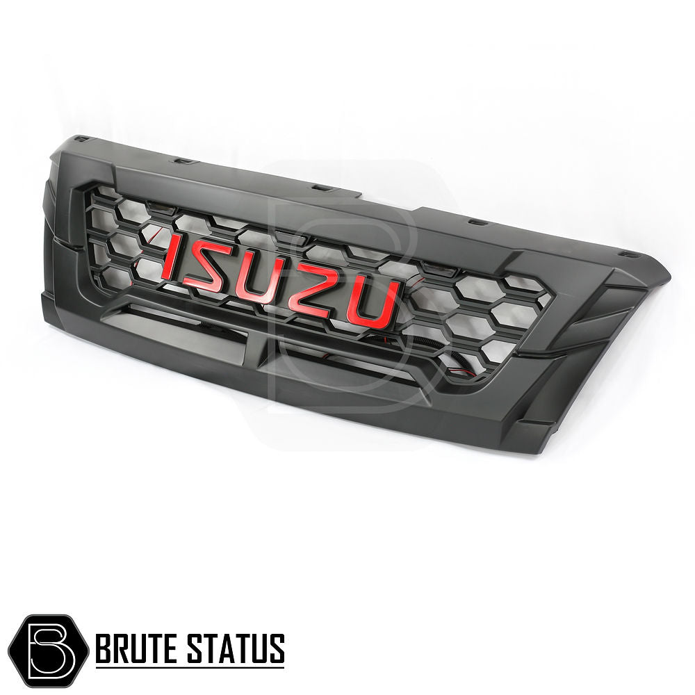 Isuzu D-Max 2016-2019 Front LED Grille, featuring a matte black finish with red lettering, designed for easy, non-drilling installation.