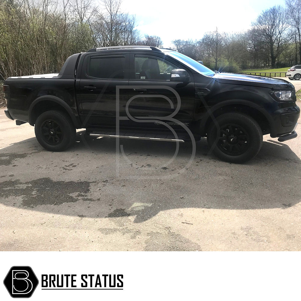 Ford Ranger 2015-2022 T7 T8 Wide Arch Kit & 35mm Wheel Spacers shown on a black truck, emphasizing enhanced wheel arches and muscular stance.