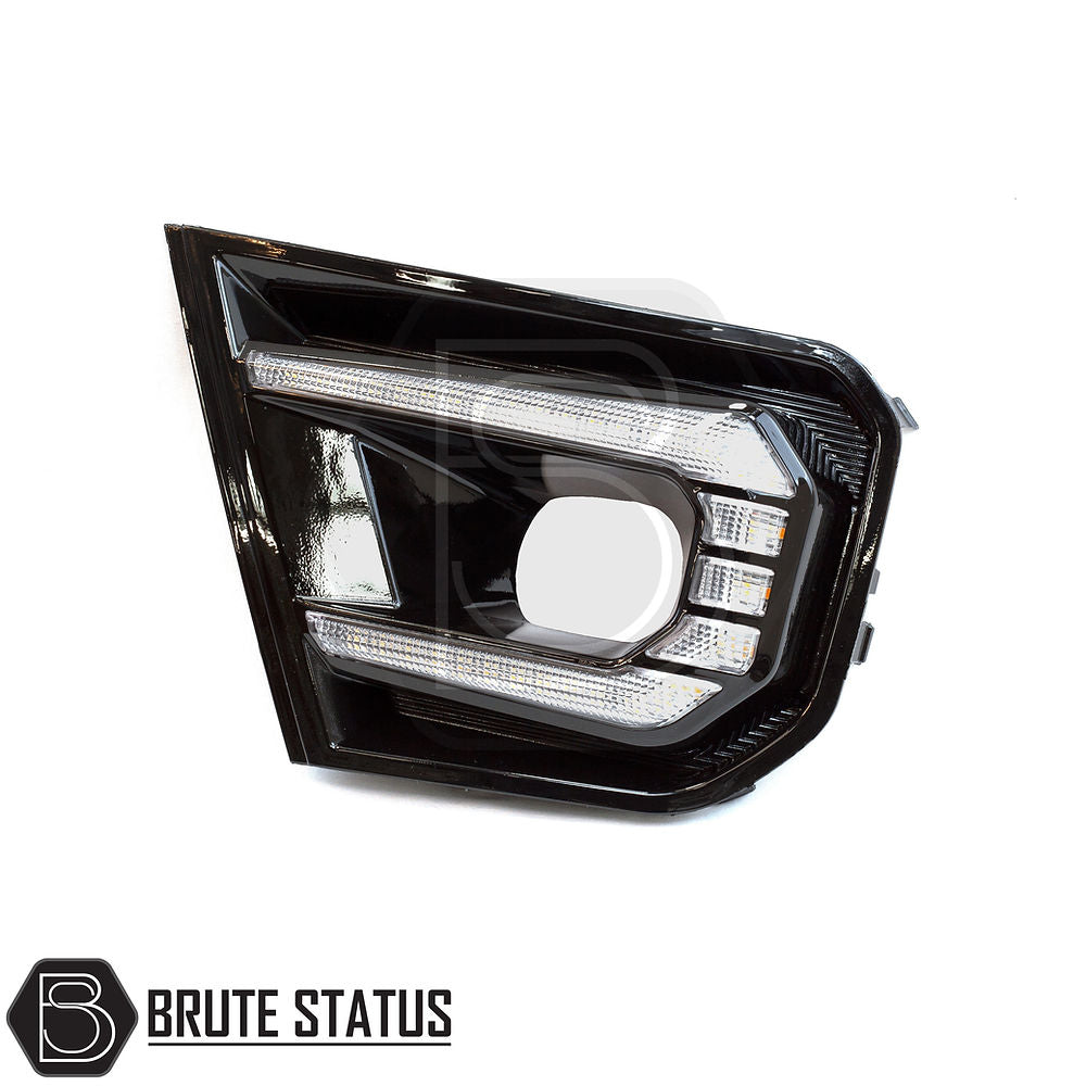 Ford Ranger 2023+ Wildtrak DRL Fog Light Surrounds, featuring a gloss black finish with white and amber LED function, designed for easy installation.