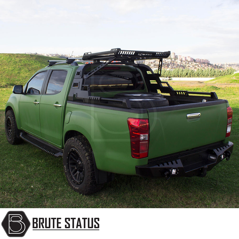 Toyota Hilux 2015+ S10 Combat Roll Bar with Storage Basket, featuring a heavy-duty steel design and practical storage, shown on a parked green truck.