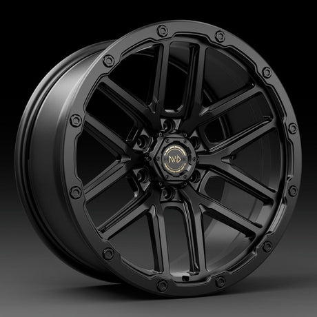 Hawke AWD Wheels Canti in Matte Black with black spokes, featuring a close-up logo and nut, ideal for enhancing pick-up trucks.