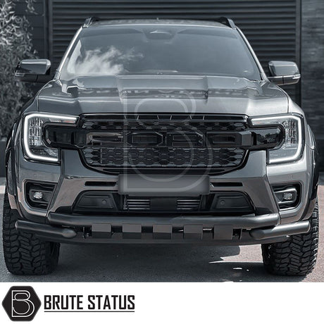 Ford Ranger 2023+ T9 City Bar in matt black, enhancing truck aesthetics and bumper protection, shown on a black truck parked in front of a building.