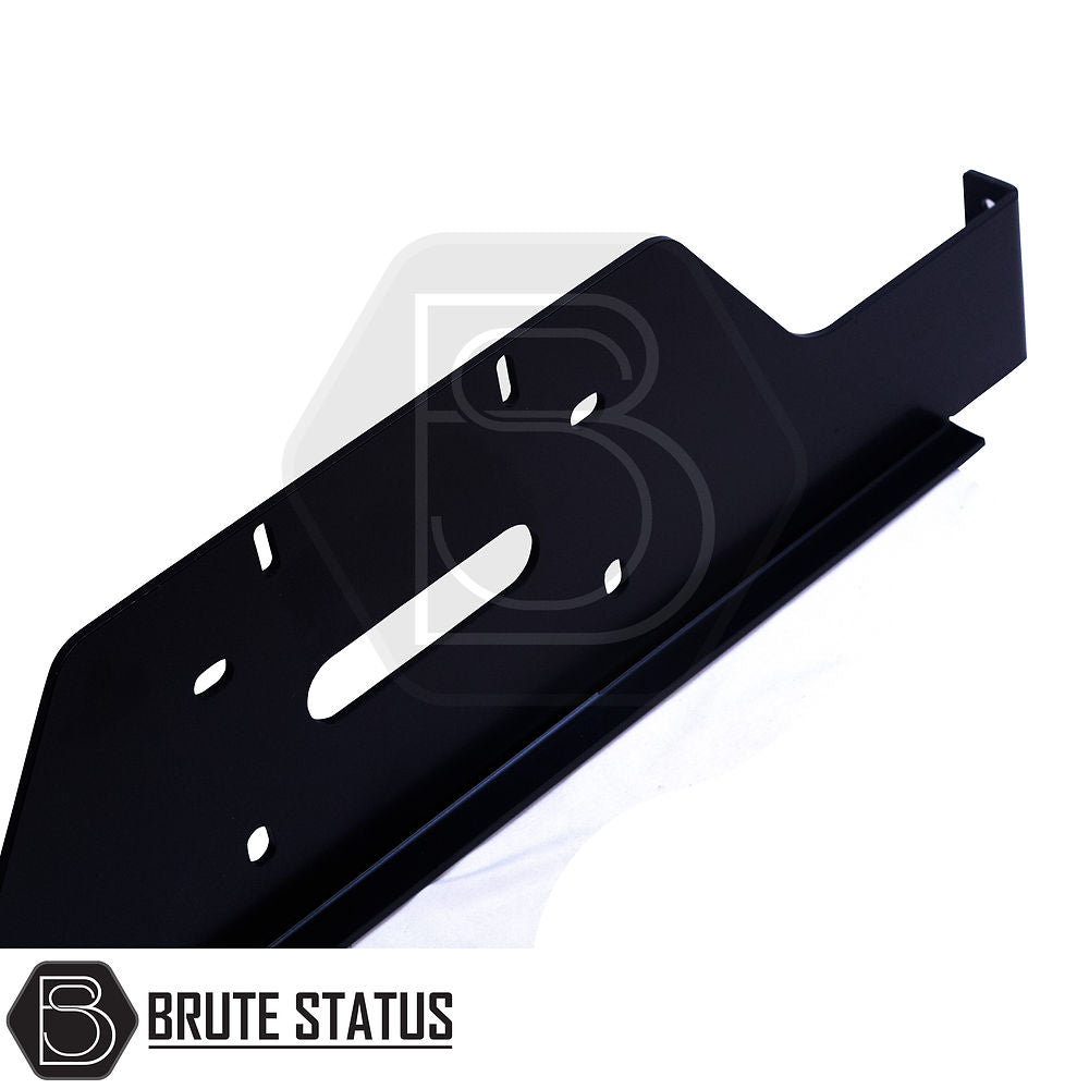 Volkswagen Amarok 2017-2022 Front Bumper Winch Bracket, black metal with holes, powder-coated, for aftermarket truck customization, includes installation instructions.