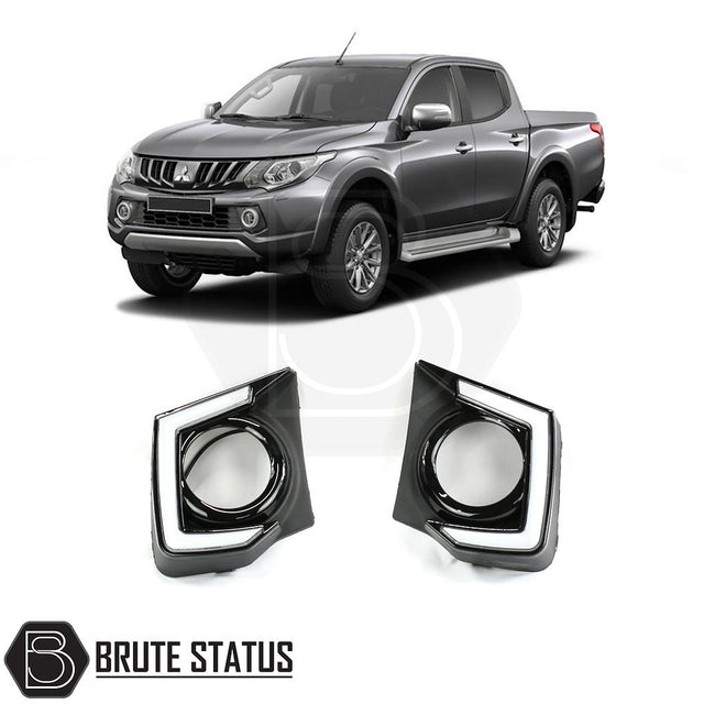 Mitsubishi L200 2015-2019 Daytime Running Lights DRLs (Gloss Black) featuring LED fog light surrounds for easy installation into existing bumper positions.