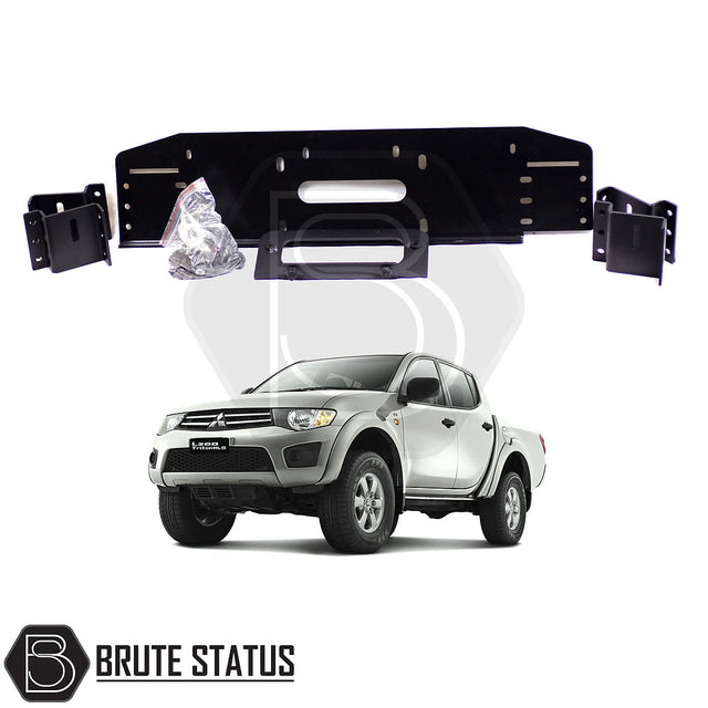 Mitsubishi L200 Series 4 2007-2014 Front Bumper Winch Bracket, matt black, TÜV certified, compatible with stock bumpers, featuring a metal frame and tire close-up.