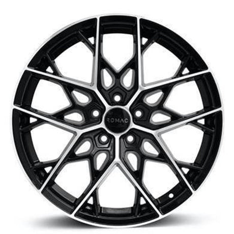 Romac Vortex Wheels, featuring polished black rims and spokes, ideal for enhancing pick-up trucks. Available in various sizes, set of four.