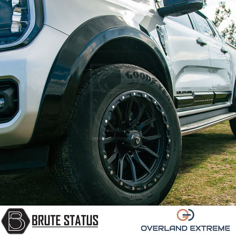 Close-up of a Ford Ranger 2023+ T9 Gloss Black Wide Arch Kit, showcasing premium wide wheel arches made from durable ABS plastic for enhanced vehicle styling.