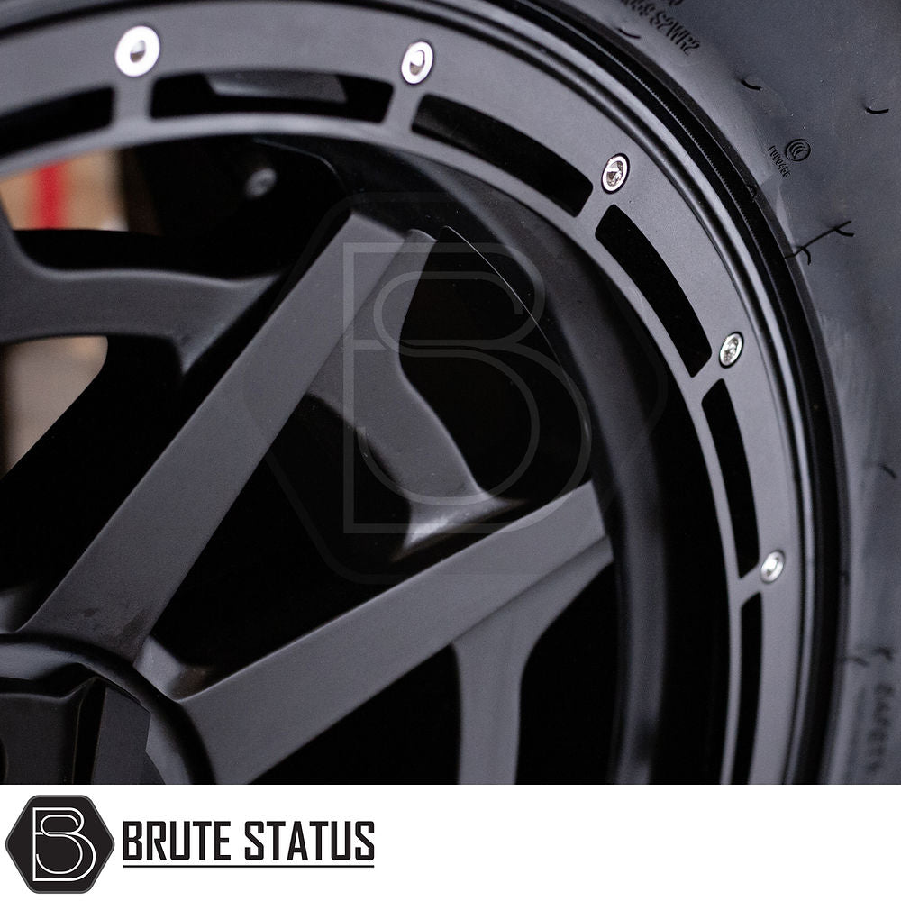 Wolfrace Canyon Matt Black Alloy Wheels and Tyres Package, featuring chrome rivets and pre-installed TPMS, ideal for truck customization enthusiasts.