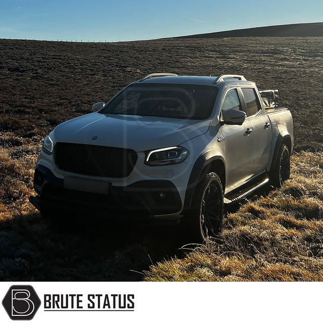 Mercedes X-Class Slimline Wheel Arch Kit on truck, showcasing stylish, durable black arches with textured finish, enhancing vehicle's appearance and individuality.