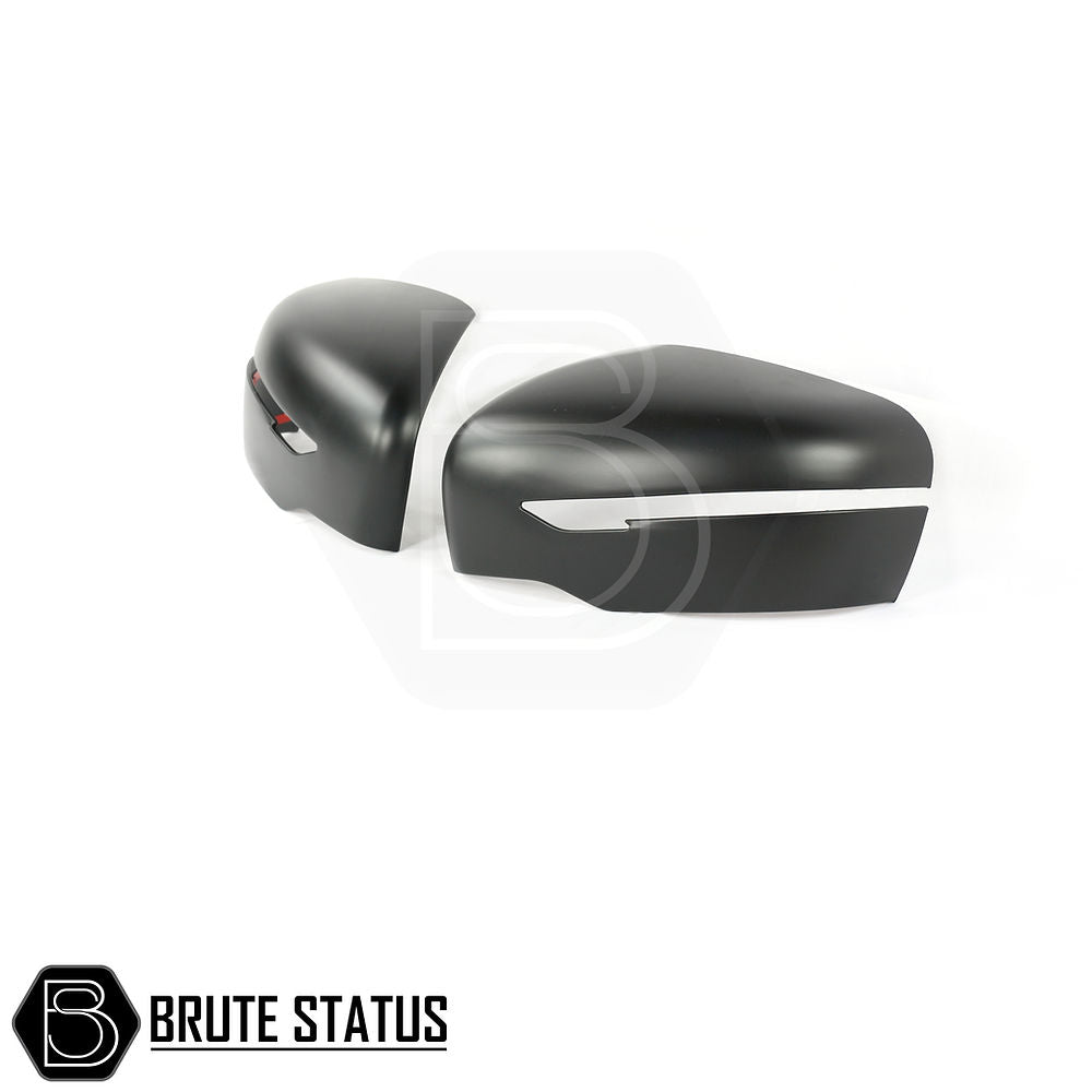 Nissan Navara NP300 2015-2022 Wing Mirror Covers in matt black, designed for easy installation on Navara models with indicator wing mirrors.