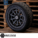 Wolfrace Canyon Matt Black Alloy Wheels and Tyres Package, featuring Terramax ARV Pro tyres on a pallet, designed for truck customization and performance.