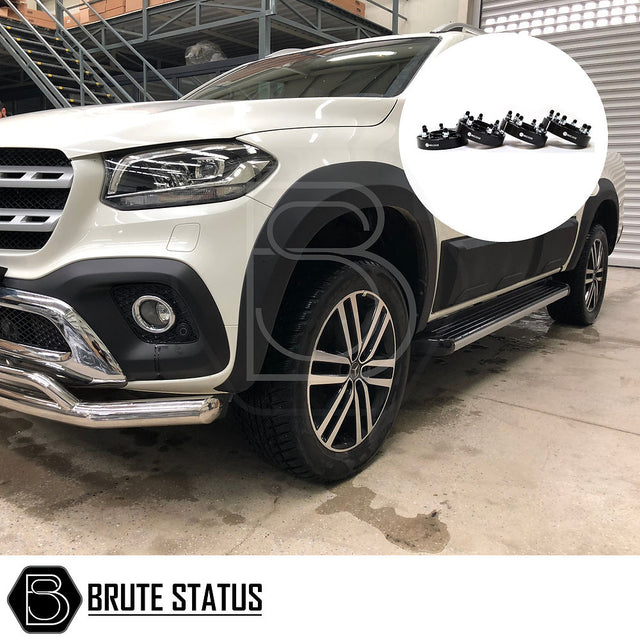 Mercedes X-Class 2017-2020 Wide Arch Kit & 35mm Wheel Spacers, showcasing smooth black arches and durable wheel spacers for enhanced vehicle style and stability.