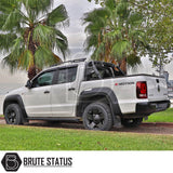 Volkswagen Amarok 2023+ Roll Bar installed on a white truck, enhancing its ruggedness with a heavy-duty, matt black finish.