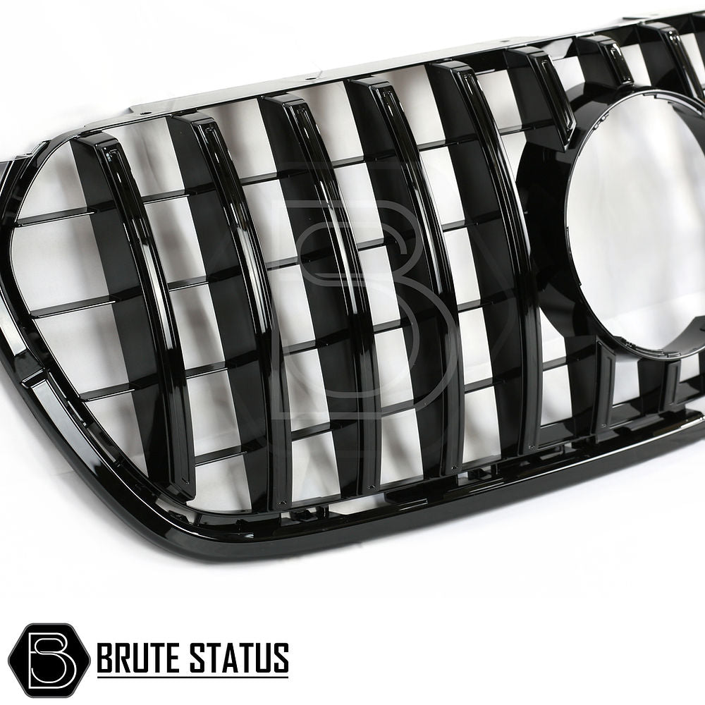 Mercedes X-Class AMG Panamerica Style Front Grille, all black, featuring sleek design with hexagonal pattern, ready for easy installation without drilling.