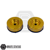 Isuzu D-Max 2021+ 32mm Front Shock Spacers, gold metal with holes, enhancing truck lift and durability, featuring pre-installed studs and nuts for easy installation.