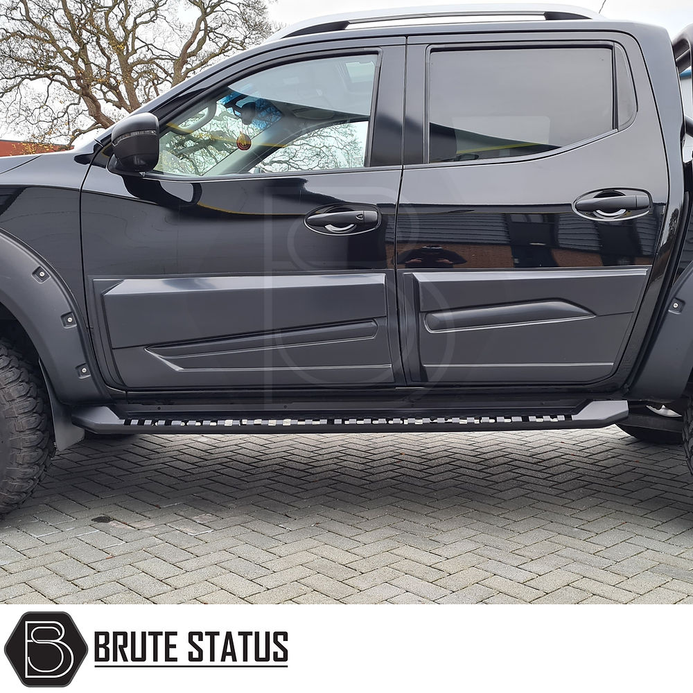 Nissan Navara NP300 2015-2022 Heavy Duty S30 Steel Side Steps, visible on a parked black truck, offer sturdy steel construction and matt black finish for enhanced vehicle utility.