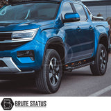 Volkswagen Amarok 2017-2022 Heavy Duty M30 Steel Side Steps with LEDs, showcasing robust matte black finish and secure mounting, designed for enhanced protection and style.