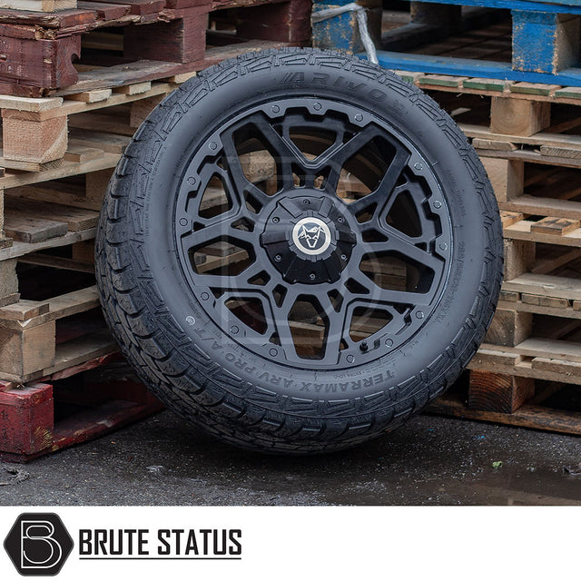 Wolfrace Sahara Matt Black Alloy Wheels and Tyres Package on a pallet, featuring pre-installed TPMS, ideal for truck customization.