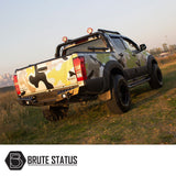 Isuzu D-Max 2021+ rear bumper in matt black showcased on a camouflage truck, highlighting its stylish design and durability, featuring knock-out holes for sensors.