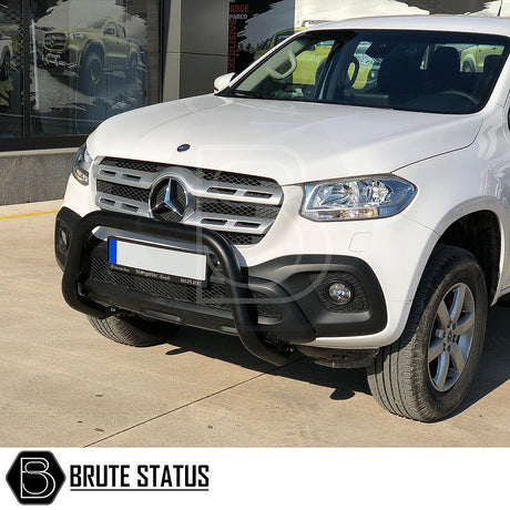 Mercedes X-Class Bull Bar (Nudge Bar) Matt Black on a white truck, enhancing both protection and style, crafted from durable T304 stainless steel.