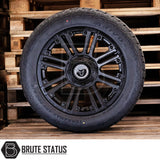 Wolfrace Amazon Matt Black Alloy Wheels with Terramax ARV Pro Tyres on a wooden crate, featuring tire pressure sensors for trucks.