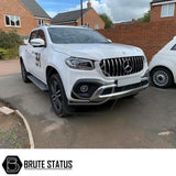 Mercedes X-Class 2017-2022 AMG Panamerica Style Chrome Front Grille, featuring gloss black and chrome finish, showcased on a parked white truck.