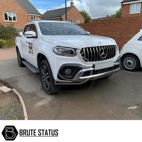 Mercedes X-Class 2017-2022 AMG Panamerica Style Chrome Front Grille, featuring gloss black and chrome finish, showcased on a parked white truck.