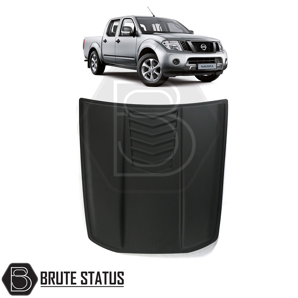 Nissan Navara D40 2006-2014 Bonnet Scoop, black ABS plastic, enhances truck's front with durable, reversible fitting, designed for easy installation.