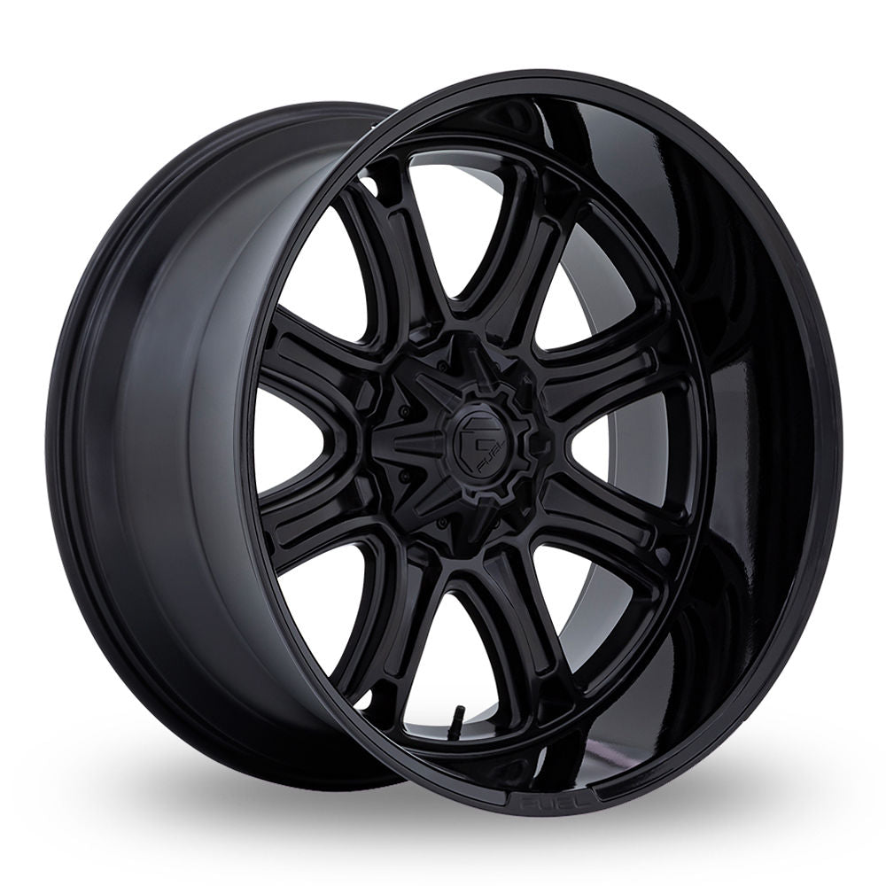 Fuel Darkstar Wheels in Matte Black with Gloss Lip, close-up of a sleek alloy rim for pick-up trucks, showcasing intricate design and craftsmanship.