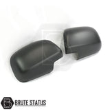 Toyota Hilux 2005-2014 Matt Black Wing Mirror Covers, designed for easy installation with high-quality ABS plastic and 3M adhesive, shown on a broken car mirror.