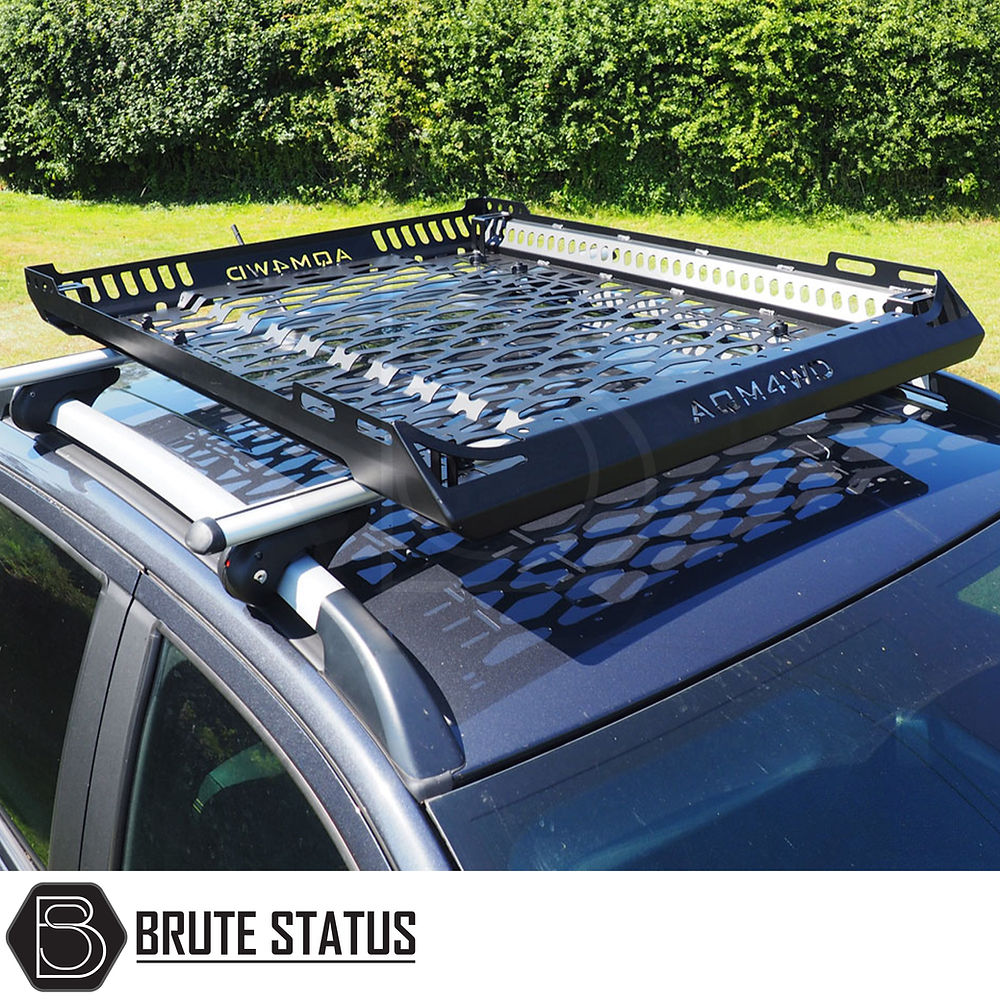 Universal Roof Basket (Combat Style) on truck, featuring a heavy-duty steel construction with mounting points for lights, designed for easy installation on existing cross bars.