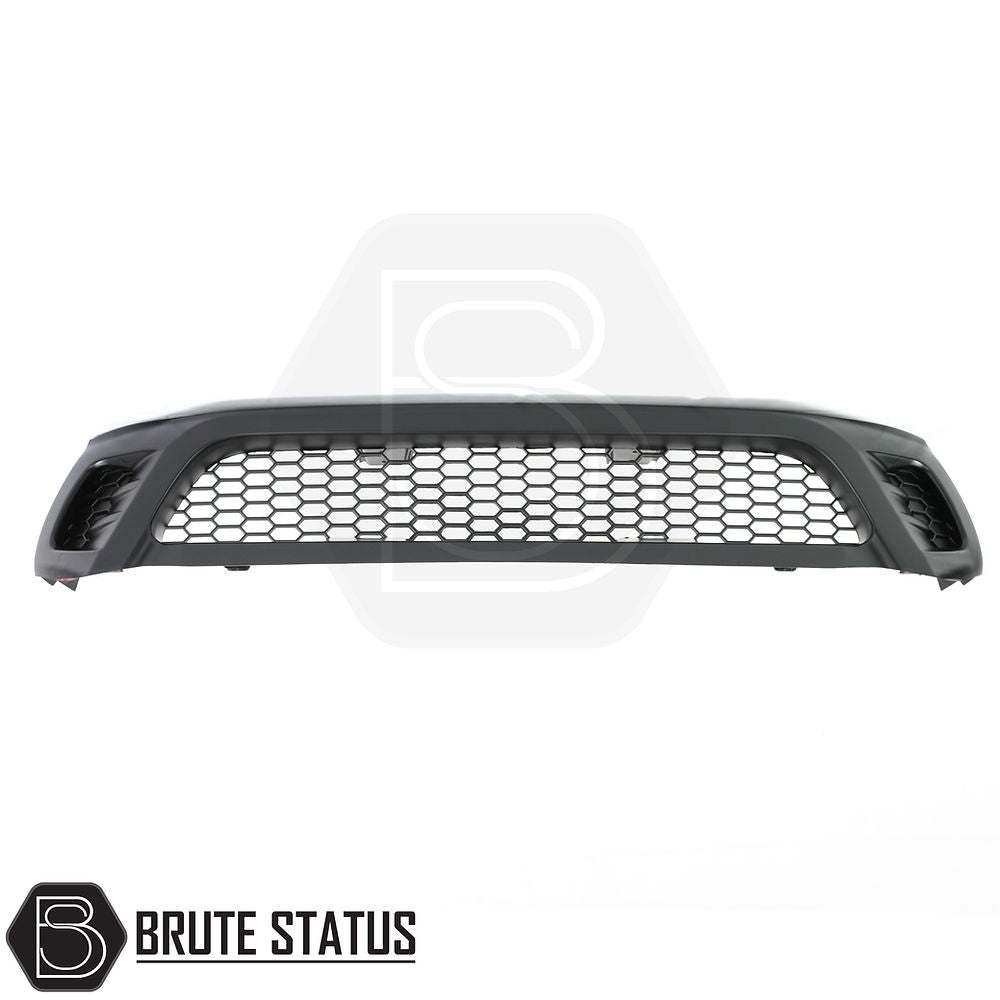 Toyota Hilux 2016-2020 Matt Black Grille, featuring a sleek design made from high-quality ABS plastic, shown with a front bumper and close-up of the grill.