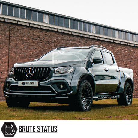 Mercedes X-Class Black Roof Rail Kit displayed on a parked black truck, showcasing high-quality aftermarket accessories for vehicle customization.