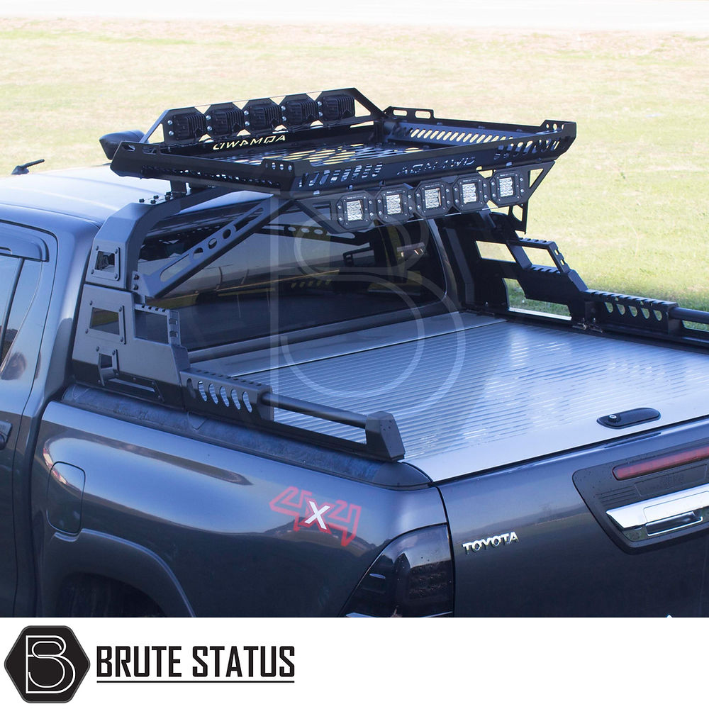 Universal LED Light Set mounted on a black truck with a roof rack, showcasing five bright LED lights, compatible with rollbar and storage basket.