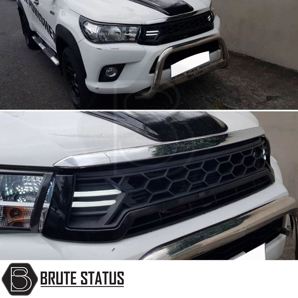 Toyota Hilux 2016-2020 Gloss Black DRL LED Grille, featuring sleek black design with integrated LED lights, suitable for easy installation without drilling.