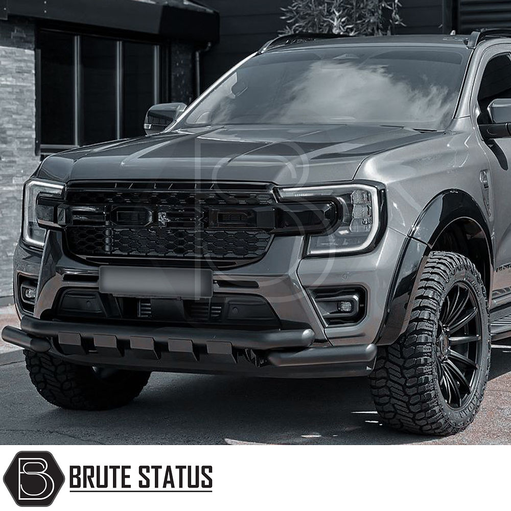 Ford Ranger 2023+ T9 City Bar in matt black, enhancing truck aesthetics and bumper protection, visible on a parked black truck.