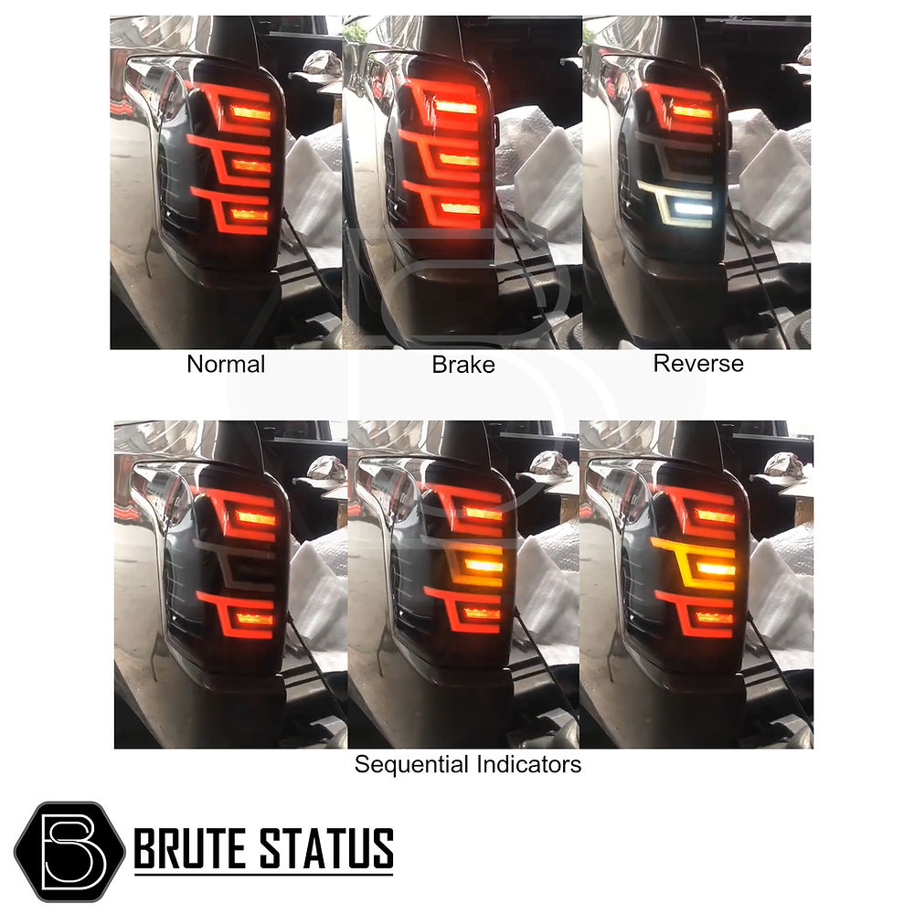 Mitsubishi L200 2015-19 LED Tail Lights collage, showcasing clear lenses and white accents on a black base, highlighting sequential indicators and sleek design.