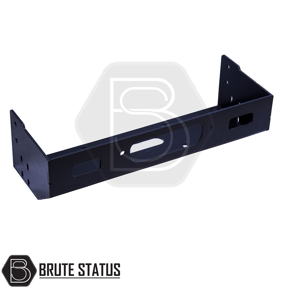 Mitsubishi L200 Series 5 2015-2019 Front Bumper Winch Bracket featuring a black metal frame with holes, compatible with stock bumpers, TÜV certified, and includes instructions.