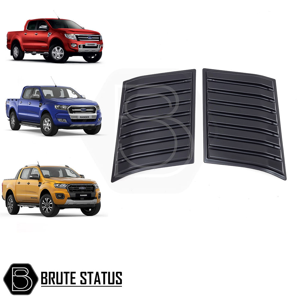 Ford Ranger 2012-2022 T6 T7 T8 Bonnet Vents, smooth black plastic with easy 3M adhesive installation, enhances truck's aggressive look without drilling.